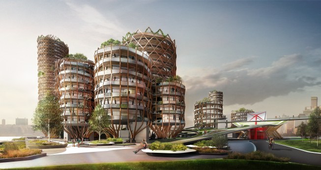 Mixed-housing towers strategically sited on the existing pier deck's strongest structural clusters