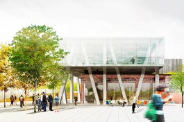 Indoor+outdoor cafe at east garden. Elevated structure provides visual anchor for new entry and protects outdoor area for cafe.