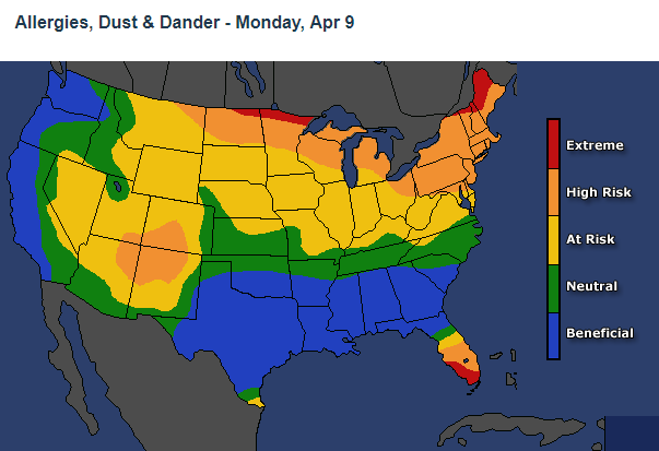 AccuWeather's Allergies, Dust & Dander Map for April 9th, 2018. Today's health weather maps are available at AccuWeather.com.