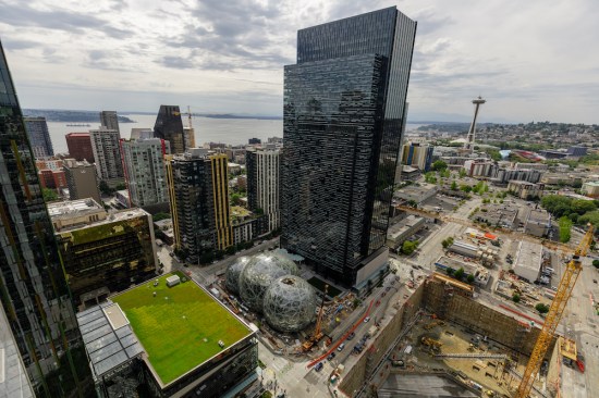 Images of Amazon's campus in Seattle, Washington, in both the downtown and South Lake Union neighborhoods. Photographed from the roof of Amazon's Port 99 building. (JORDAN STEAD / Amazon)