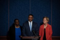Rep. Cedric Richmond (D-La.) announces the introduction of the American Housing and Economic Mobility Act in the House. He is joined by co-sponsor Rep. Gwen Moore (D-Wis.) (left) and Sen. Elizabeth Warren (D-Mass.), who introduced the Senate version of the bill in September.