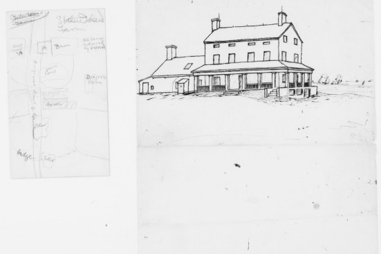 Frederick Law Olmsted drawing of Staten Island, N.Y., farmhouse, where Olmsted was pursuing scientific farming (c. 1849)