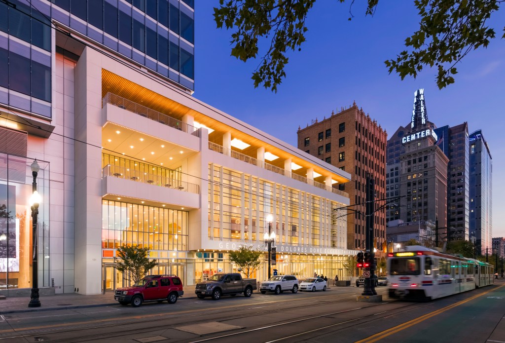 A nighttime view of the theater.