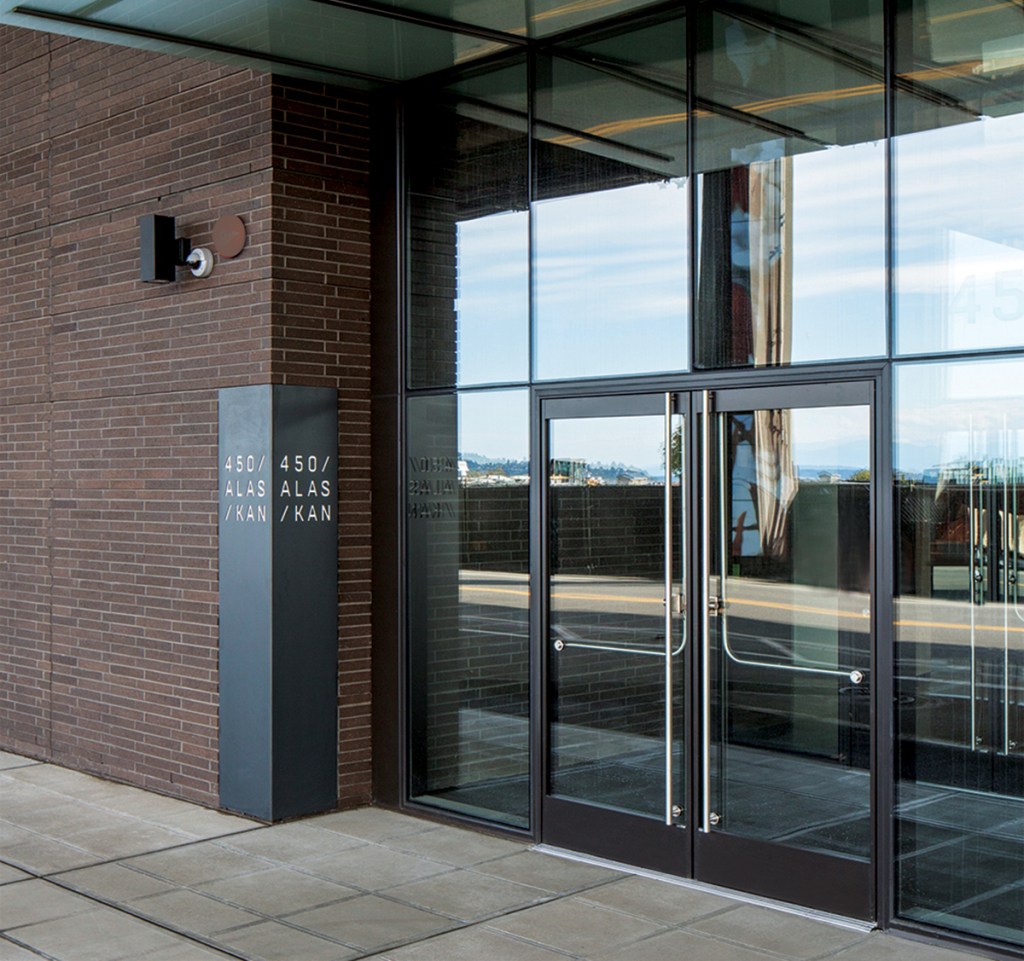 CRL-U.S. Aluminum Entice Series Entrance System featuring Blumcraft Panic Devices at NBBJ's LEED Gold 450 Alaskan in Seattle, WA. Photo © NBBJ.