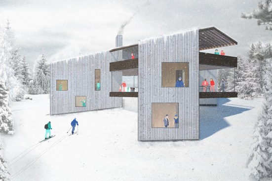 The Lockwood BnBnB vacation residence proposes positioning three distinct volumes for private living quarters—for owners, guests, and workforce—around shared common spaces.
