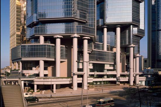 The Bond Centre (now the Lippo Centre) in Hong Kong, designed by Paul Rudolph in 1984 and completed in 1988.