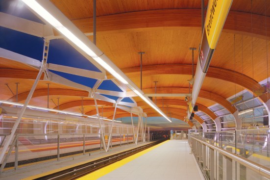Nail-laminated timber, Brentwood Station, in Burnaby, British Columbia, by Perkins+Will