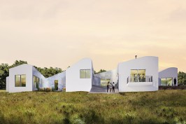 This undulating residence in the Blue Ridge Mountains of Virginia features rooms with alternating uphill and downhill orientations that allow for 360-degree views of the surrounding landscape.