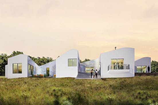 This undulating residence in the Blue Ridge Mountains of Virginia features rooms with alternating uphill and downhill orientations that allow for 360-degree views of the surrounding landscape.