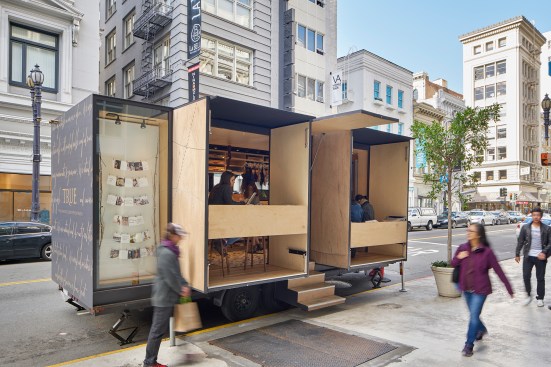 Created in collaboration with Dustin Stephens of Mobile Office Architects, the 24-foot-long True & Co. retail vehicle comprises four fitting rooms, origami doors that unfold to provide seating and a checkout counter, and plywood-and-cedar millwork display areas.