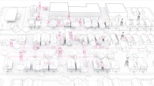 The duo’s Sponge Urbanism research project—from which About Face was derived—proposes introducing various structural and infrastructural interventions in a Detroit neighborhood to create a “porous framework” for new and existing structures.
