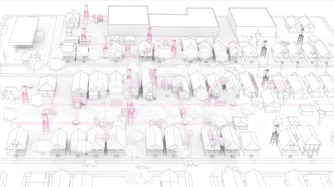 The duo’s Sponge Urbanism research project—from which About Face was derived—proposes introducing various structural and infrastructural interventions in a Detroit neighborhood to create a “porous framework” for new and existing structures.