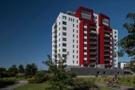 Origine is the signature building of a new Quebec City neighborhood on the banks of the St. Charles River that showcases sustainable development. Courtesy of Nordic Structures
