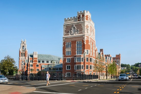 View from the southeast of the new Benjamin Franklin College by Robert A.M. Stern Architects, with the new Pauli Murray College visible beyond.
