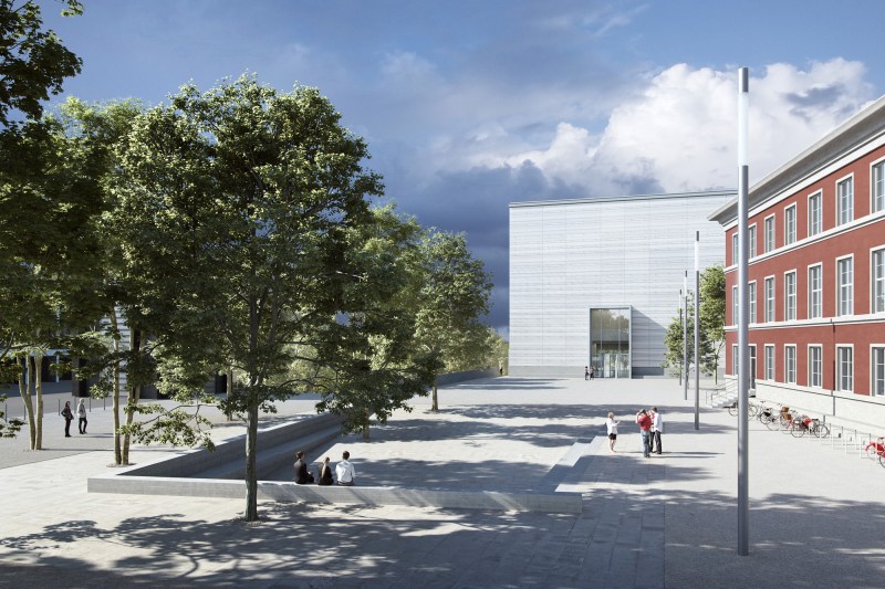 Visualization of the entrance portal and forecourt of the new Bauhaus Museum in Weimar, Germany, designed by Heike Hanada.