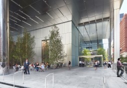 Plaza with building entrance at right