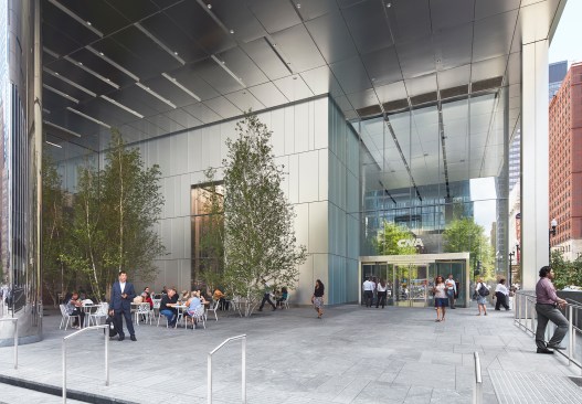 Plaza with building entrance at right