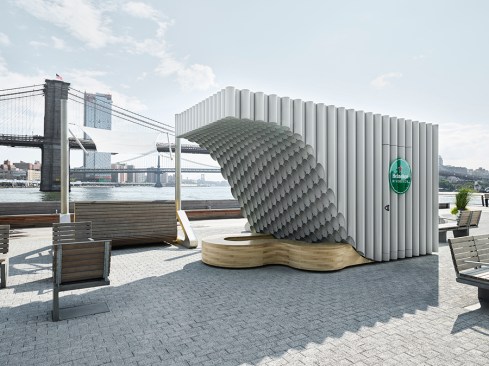 "Over" kiosk, in front of the Brooklyn Bridge