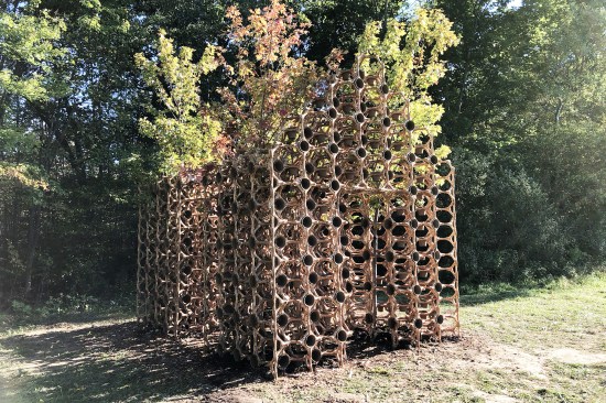Created in collaboration with designer Martin Miller under the banner of OMG!, Primitive Hut in Ghent, N.Y., is made, in part, of a lattice of bio-resin, hemp, and sawdust that will eventually decompose.