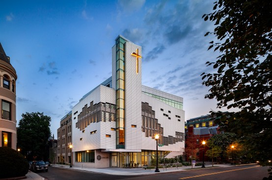 Exterior street view of the Church at night along 18th Street.