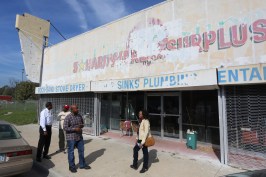 Rachel Jefferson, executive director of the Historic Northeast Midtown Association, stands outside the future Northeast Grocer Co-Op.
