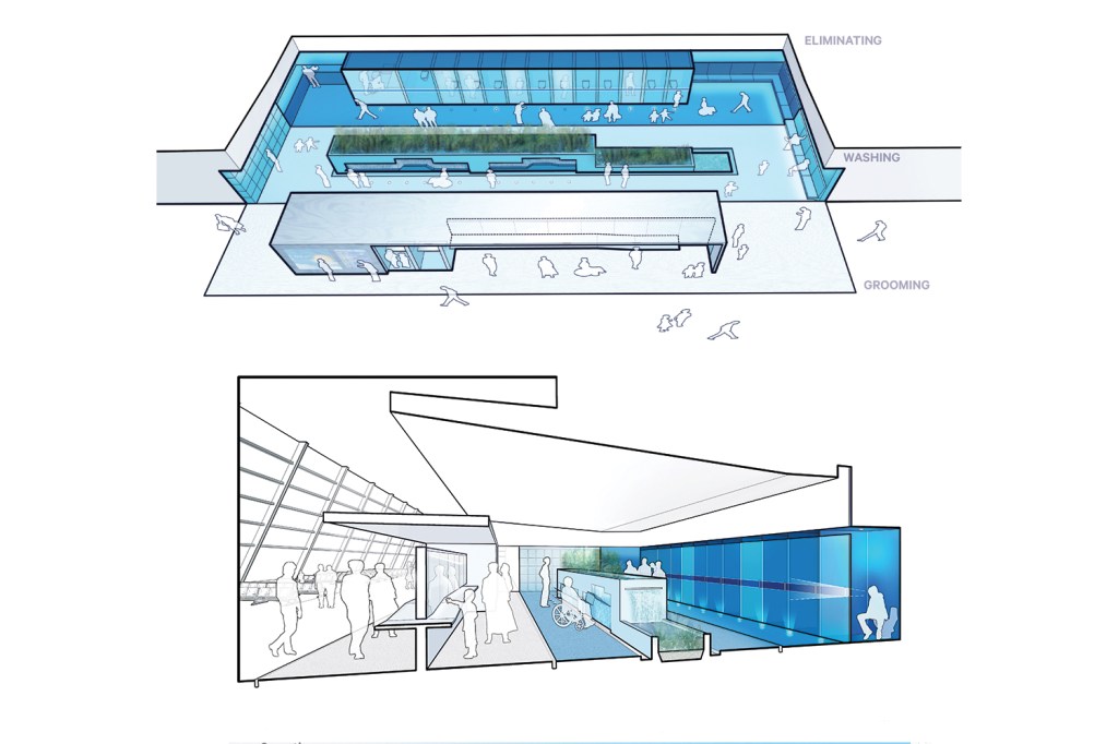 The Stalled! prototype utilizes a “multi-sensory gradient” that brings users from public to private, open to closed, and acoustically reverberant to sound absorptive.