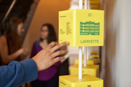 Borderless collaborated with artist Sara Pooley on the Claiming Space: Creative Grounds and Freedom Summer School exhibition at the Jane Addams Hull-House Museum, in Chicago. Designed to help visitors visualize closed schools on Chicago’s West Side, the installation features rotating yellow cubes with information on specific buildings.
