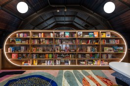 Custom capsule-shaped bookshelf