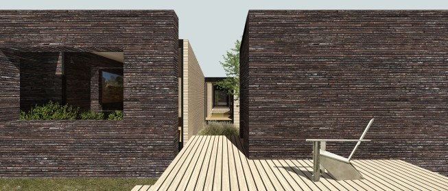 This residential proposal reconceives the modern house archetype by reassigning the typical red brick core to an outer black brick shell, which allows for a central courtyard where solar energy is harvested to heat the building at night.