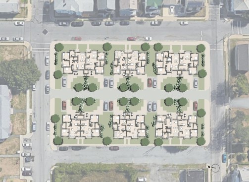 6 duplex buildings define street edges on four sides, broken by only 2 curb cuts.  The rear drive provides access to parking and landscaped terraces.