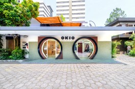 Completed in 2017, the exterior of this optometry store features oversized oxidized iron apertures as a playful nod to the eyewear sold inside.