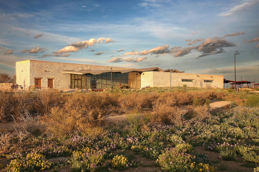 Pecos West County safety rest area, one of two matching buildings flanking Interstate 10 near Fort Stockton, Texas