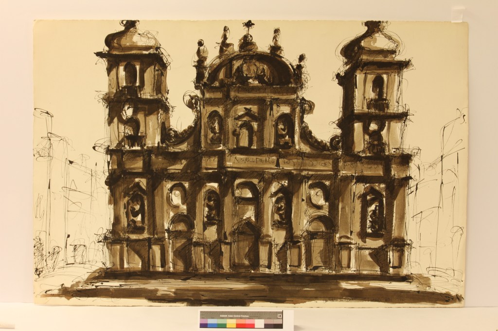 Michael Graves' 1961 drawing of the San Pietro in Frascati in brown ink and wash on paper.