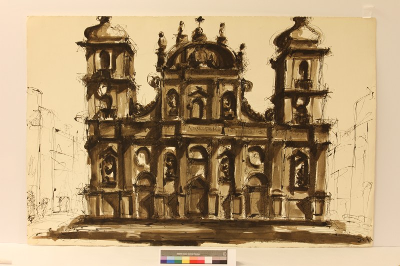 Michael Graves' 1961 drawing of the San Pietro in Frascati in brown ink and wash on paper.