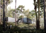 Thanks to the dynamic slat opening, the reception 
and exhibition building is open during the day while it then converts
into an enclosed and mysterious unit at night.