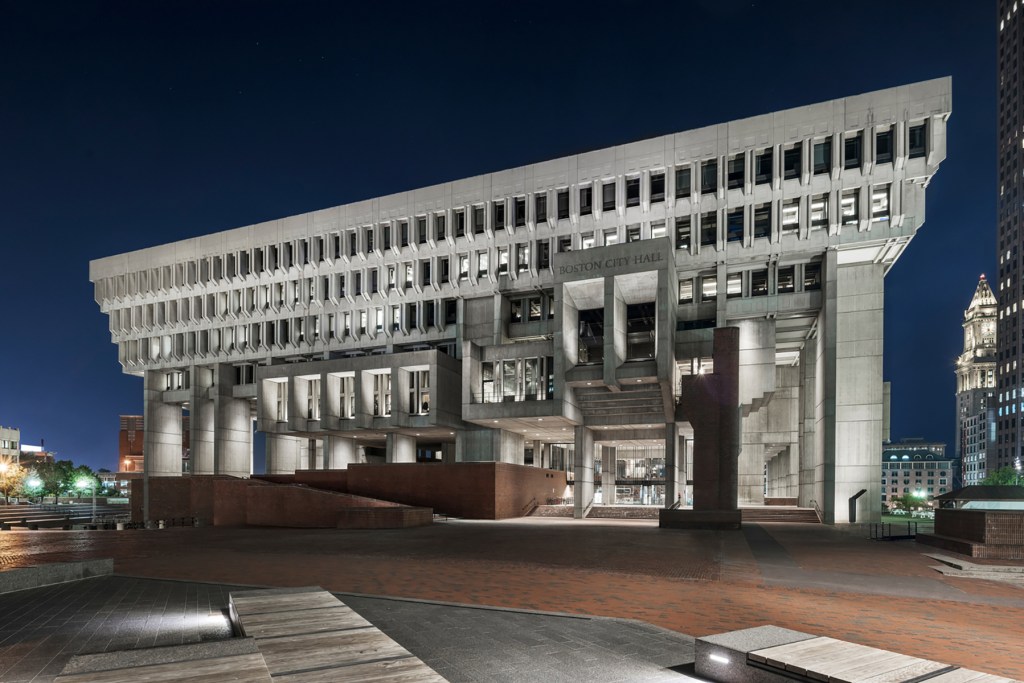 Boston City Hall, view from west at night; exterior lighting by LAM Partners with Utile