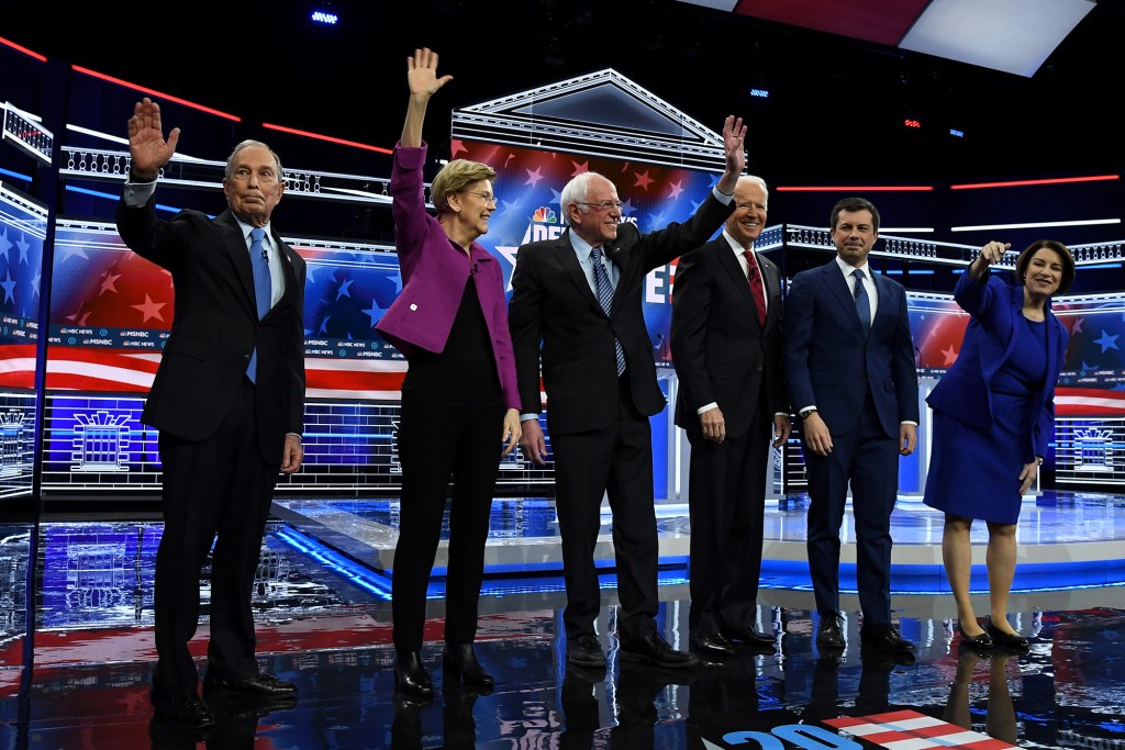 Democratic presidential candidates Mike Bloomberg, Elizabeth Warren, Bernie Sanders, Joe Biden, Pete Buttigieg, and Amy Klobuchar at the Feb. 19 primary debate in Las Vegas.