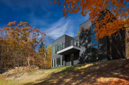 A cantilevered balcony sits in the middle of the double-height studio on one side of the home, and two-story living spaces on the other, marrying two programmatic volumes as it projects horizontally from the second floor.