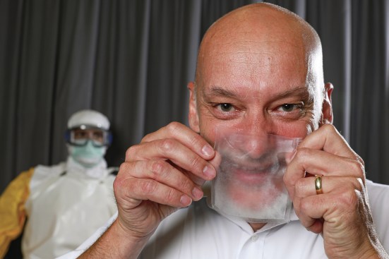 Klaus Schönenberger, the head of EPFL’s EssentialTech Center, with the HelloMask material