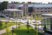 The Gary M. Sumers Welcome Center (right) and the Craig and Nancy Schnuck Pavilion (left) at Washington University in St. Louis, by KieranTimberlake with Tao + Lee Associates.