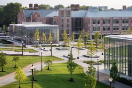 The Gary M. Sumers Welcome Center (right) and the Craig and Nancy Schnuck Pavilion (left) at Washington University in St. Louis, by KieranTimberlake with Tao + Lee Associates.