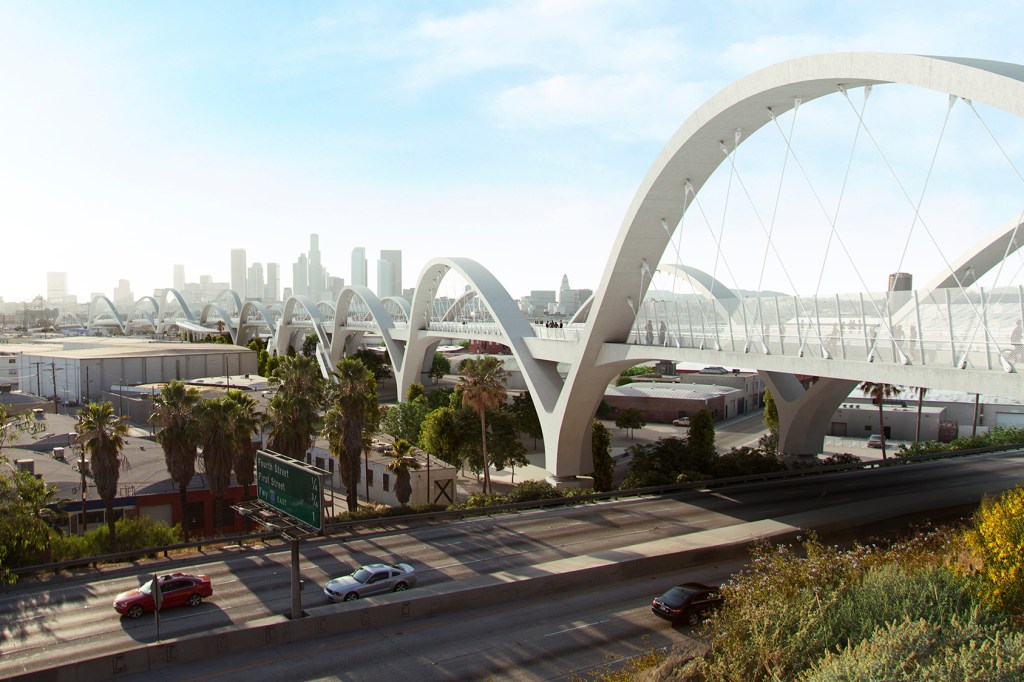 The design, by Michael Maltzan Architecture and HNTB, nods to the original viaduct's iconic double arches.