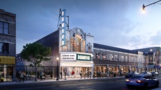 Exterior rendering of revived Ramova Theater, adjacent commercial building and south lot beer garden.