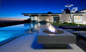 Hopen Place Hollywood Hills mid-century modern home infinity pool and outdoor fire feature