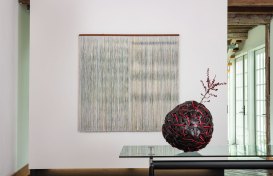Ulla-Maija Vikman, Akureyri, 2009, painted viscose, and linen, mahogany, 57” x 58”
Jiro Yonezawa, Red Fuji, 2019 bamboo, urushi lacquer, 30” x 12” x 10.5”
Photo by Tom Grotta