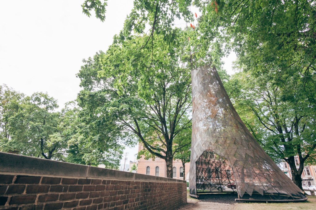 Wiikaami, designed by Chris T. Corenlius and created for Exhibit Columbus 2016-17 and positioned outside Saarinen and Saarinen’s First Christian Church.