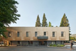 The design is a study in layers, using a language of vertical wood boards and protruding window volumes