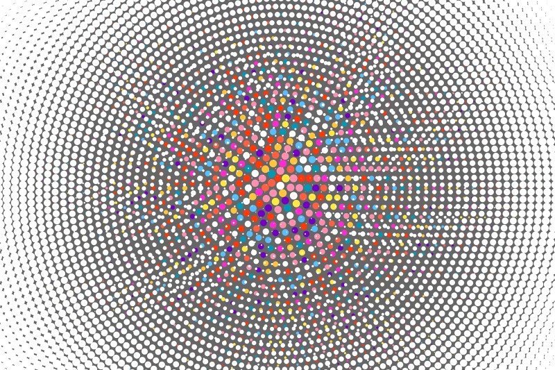Abstract dotted background. Multicolored halftone radial fade. Polka dot transition. Vector background.