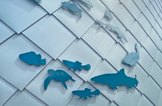 Mississippi Aquarium's three main buildings showcase a distinctive, scaled pattern using 16,000 zinc tiles fabricated from RHEINZINK-prePATINA® blue-grey materia