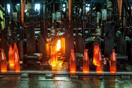 Automated line for the production of glass containers. The hot bottles are put on a moving conveyor